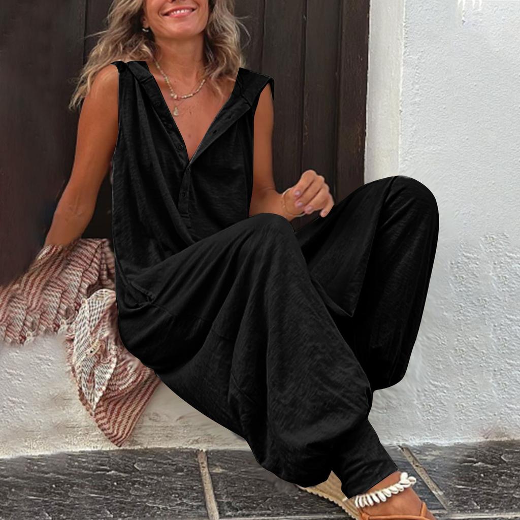 Women's Summer Casual Hooded Jumpsuit Loose Half Button Tapered Leg Romper Overall Pants