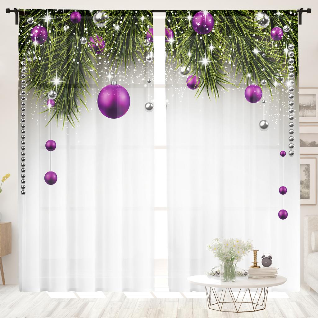 2 pieces, Christmas tree and ball printed curtains -30% blackout - suitable for living room, bedroom, kitchen, home decoration