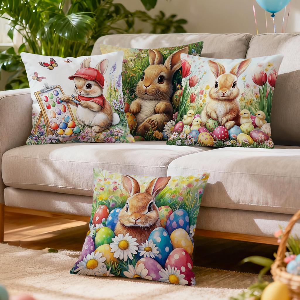 Easter Bunny Flowers Cushions Pillowcase Polyester Cushion Cover Throw Pillow Pillowcover Home Car Sofa Decor