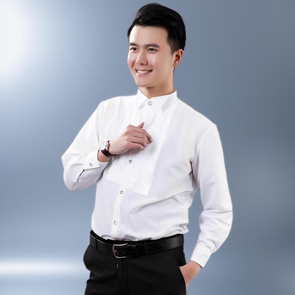 Men's Long Sleeve White Ruffled Dress Shirt for Weddings & Stage Performances