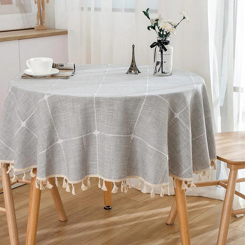 Față de masă rotundă cu ciucuri din bumbac și in, husă de masă rezistentă la praf, pentru cină, nuntă, măsuță de cafea, decor bucătărie