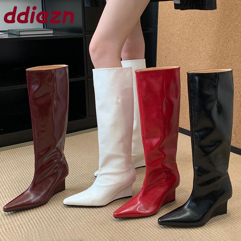 Fashion Fashion Pointed Toe Modern Ladies Knee High Boots With Wedges Shoes Female Slip On Footwear Women Long Boots Heeled Shoes Pumps