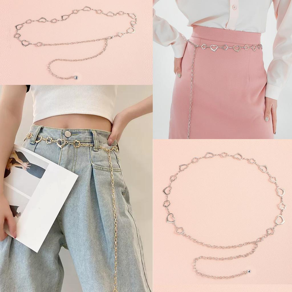 Women Metal Waist Chain, Heart & Flower Hollow Chain Belt, Adjustable Alloy Waistband with Ball Pendant for Dress Jeans
