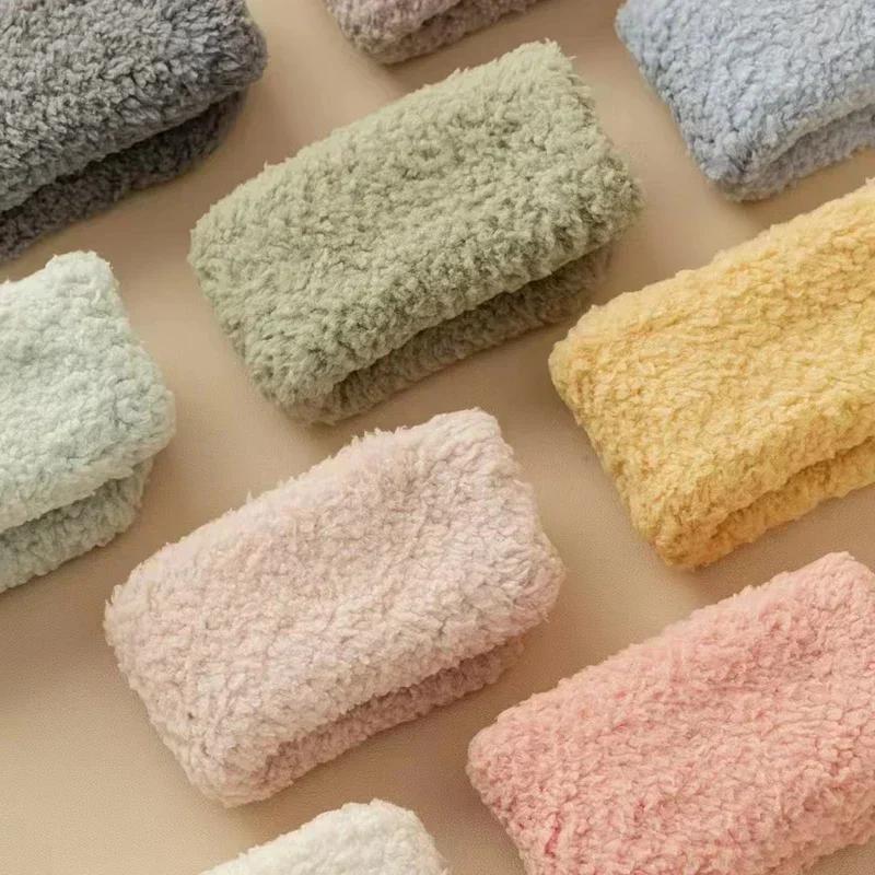 3 Pairs Women Men Slipper Socks Coral Plush Couples Winter Solid Color Thickened Moonlight Chrismas Mid Tube Socks No Hair Loss