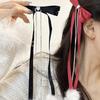 Cute Sweet Girly Bow Hair Clip Bow Long Ribbon Y2K Pompoms Bow Bunches Rhinestones Sweet Balletcore Style