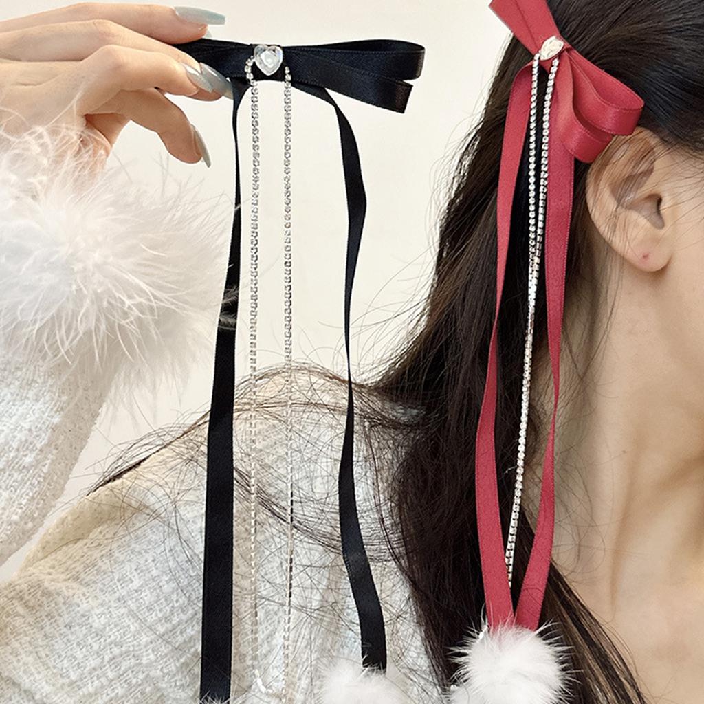 Cute Sweet Girly Bow Hair Clip Bow Long Ribbon Y2K Pompoms Bow Bunches Rhinestones Sweet Balletcore Style