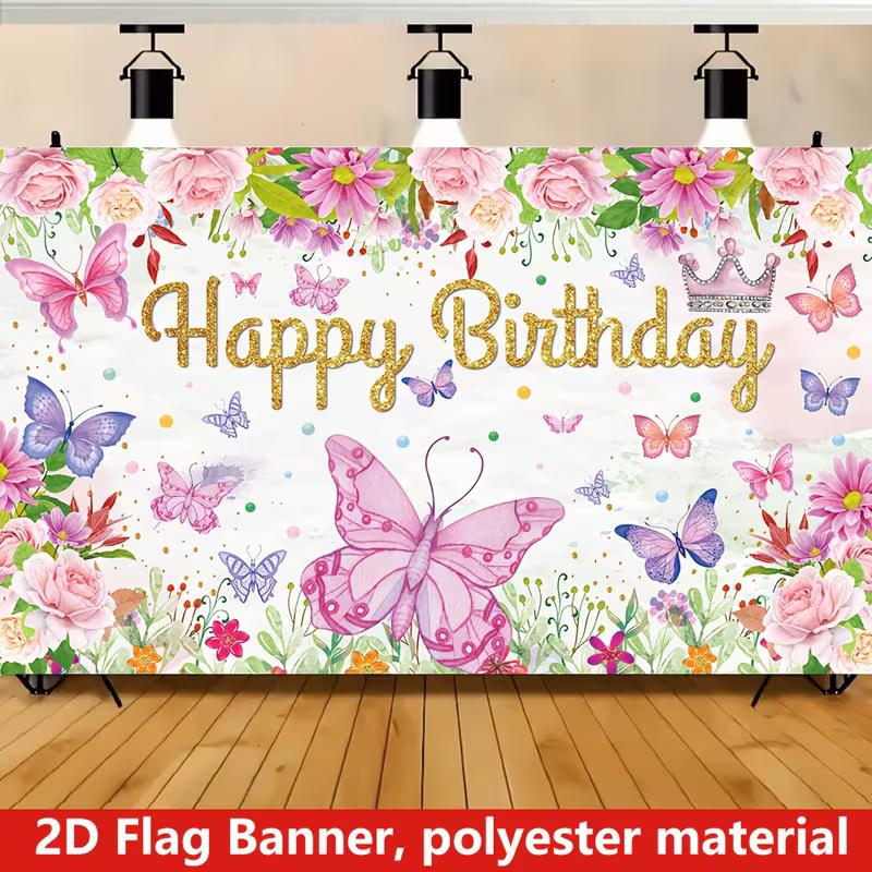2D Princess Crown Butterfly Backdrop for Girl's Elegant Themed Party Decor