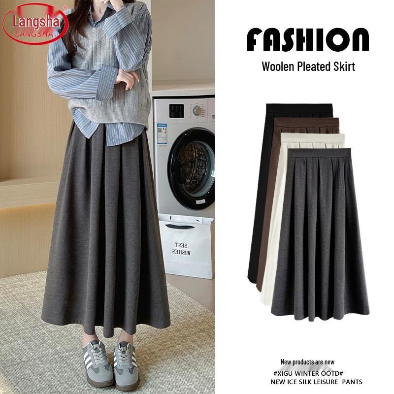 Women's High-Waist A-Line Pleated Tweed Midi Skirt