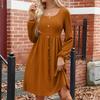 Women's Fashion Round Neck Casual Slim Solid  Waist Long Sleeve Dresses