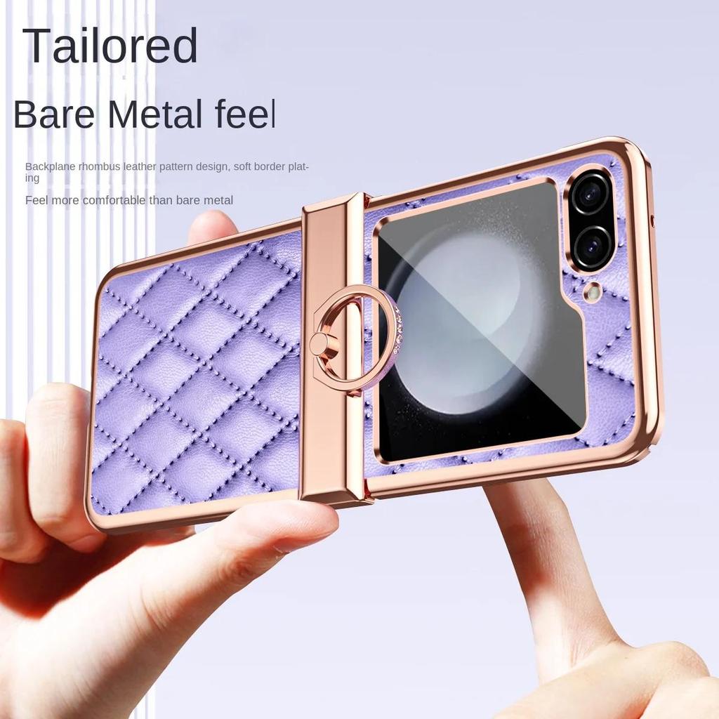 Electroplated Ring Leather Phone Case for Samsung Galaxy Z Flip 7 6 5 4 3 Flip6 Flip5 Flip4 Flip3 5G Shockproof Holder Cover