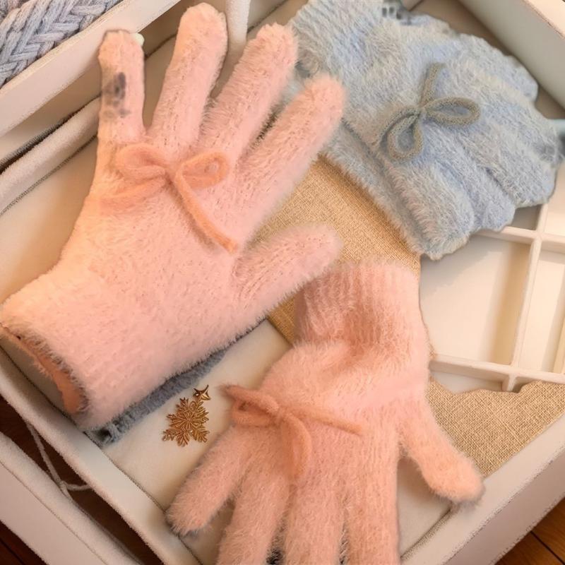 Cute Sweet Bow Plush Gloves Cold-Proof Gloves Student Winter Warm Five-finger Gloves Women Fashion Accessories Christmas Gifts