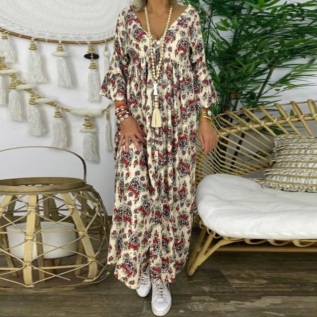 Women's Ladies Loose Plus Size Print Long Sleeve V-neck Long Maxi Dress
