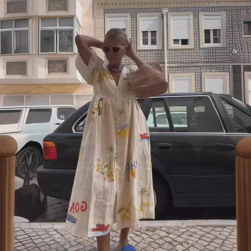 Bedrucktes Kleid mit V-Ausschnitt und kurzen Ärmeln – Frühjahr/Sommer 2024, europäischer und amerikanischer Stil