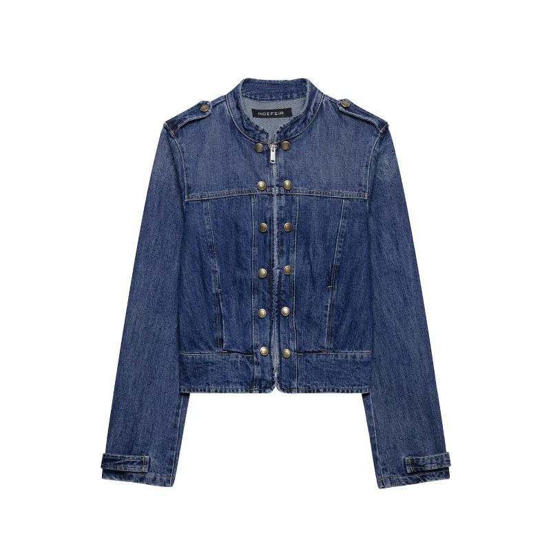 Womens Streetwear Denim Strap Button-Up Jacket