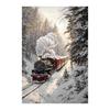 Peinture sur toile Forêt enneigée d'hiver nordique Locomotive à vapeur vintage Élan Renard roux Cabane Paysage Affiche d'art Décor de salon