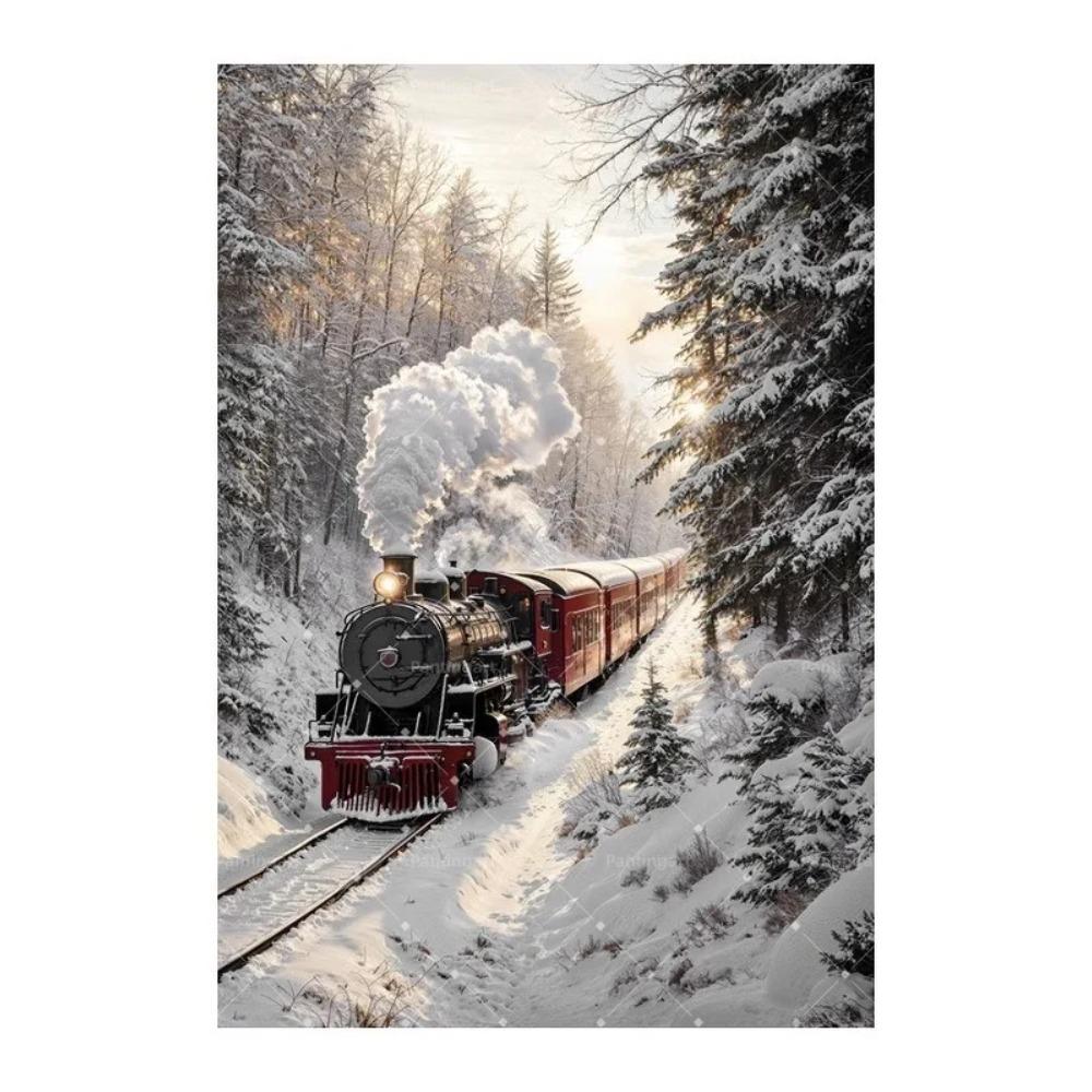 Peinture sur toile Forêt enneigée d'hiver nordique Locomotive à vapeur vintage Élan Renard roux Cabane Paysage Affiche d'art Décor de salon