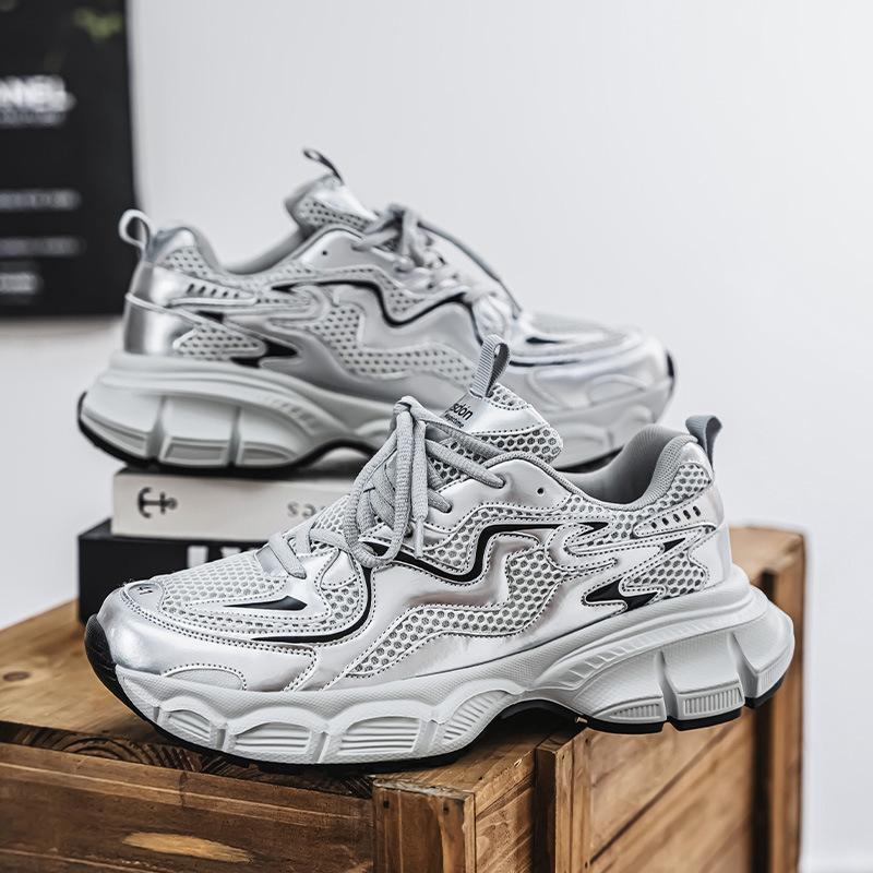 Silver dad shoes men's spring 2025 new high-end Hong Kong style mesh breathable height increase men's sports and leisure shoes