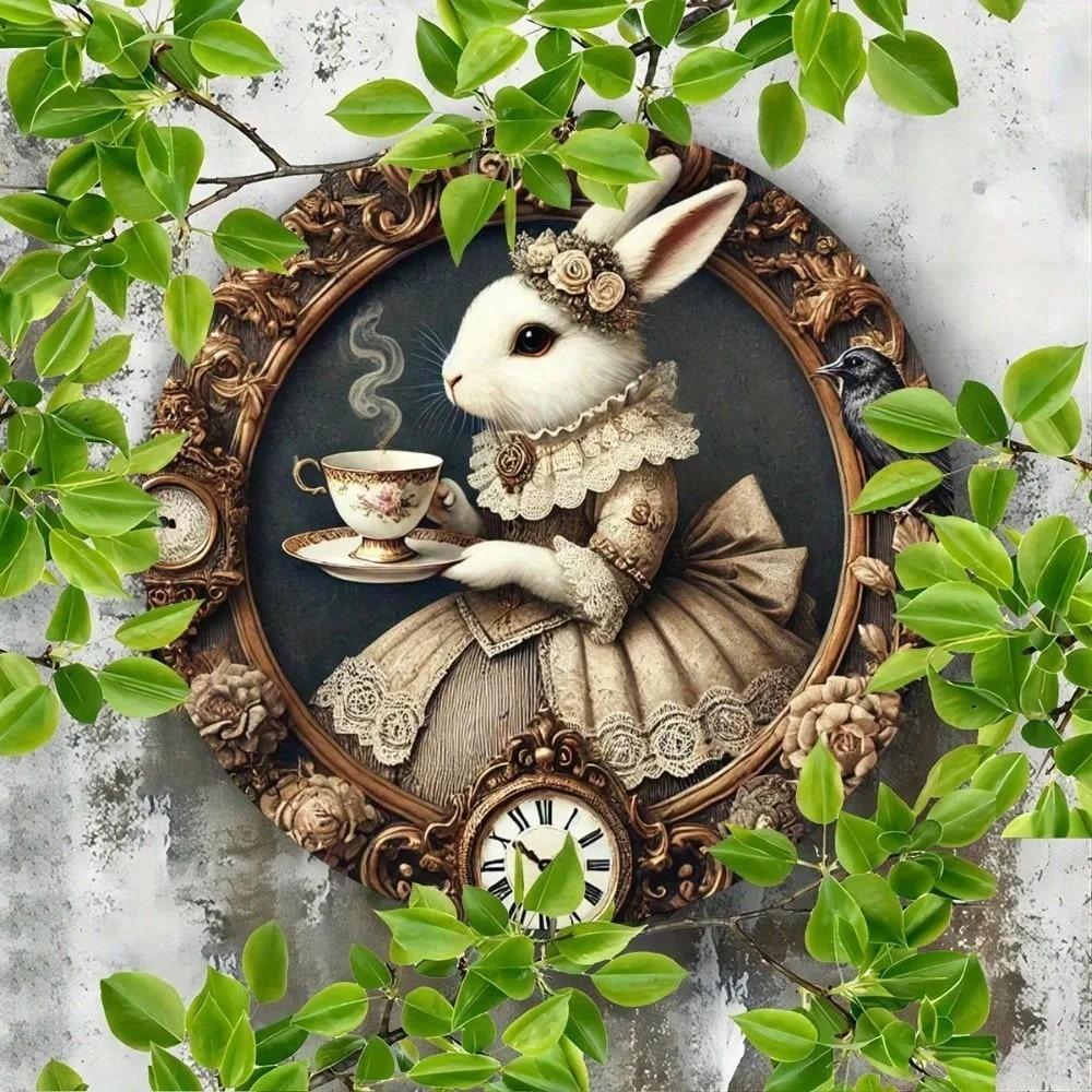 Vintage Round Metal Sign Rabbit Clock 20x20cm Home Wall Art Decor
