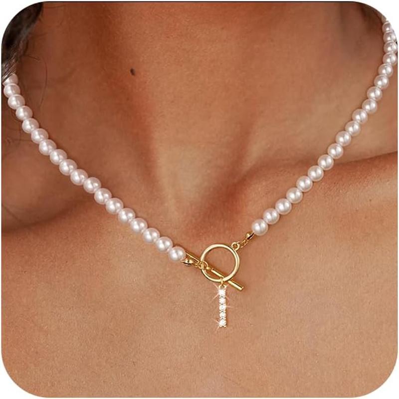 Rhinestone Letter Imitation Pearl Choker Necklace For Women Gold Plated Crystal Initial Pendant Necklace