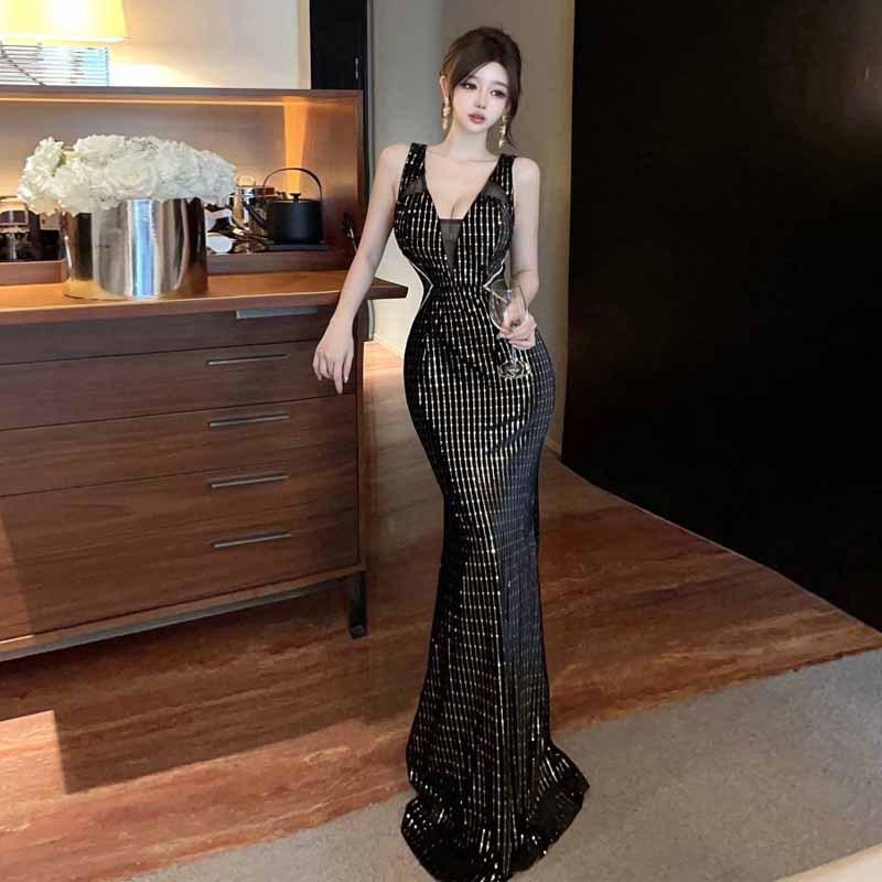 

Женское сексуальное облегающее длинное платье с глубоким вырезом и V-образным вырезом L чёрный