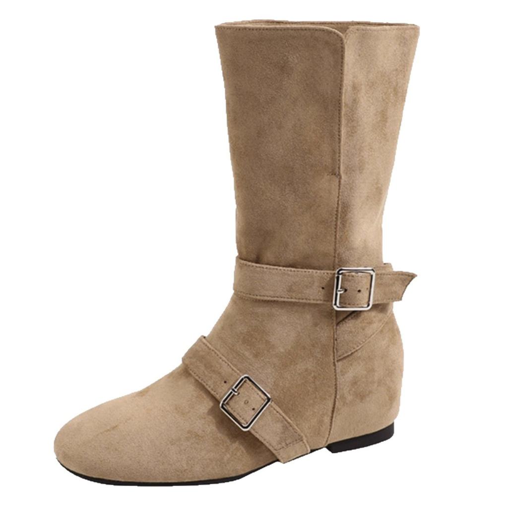 Niche design sense! Korean version of lazy wind two wear folded western boots suede round head belt buckle low heel fashion boots