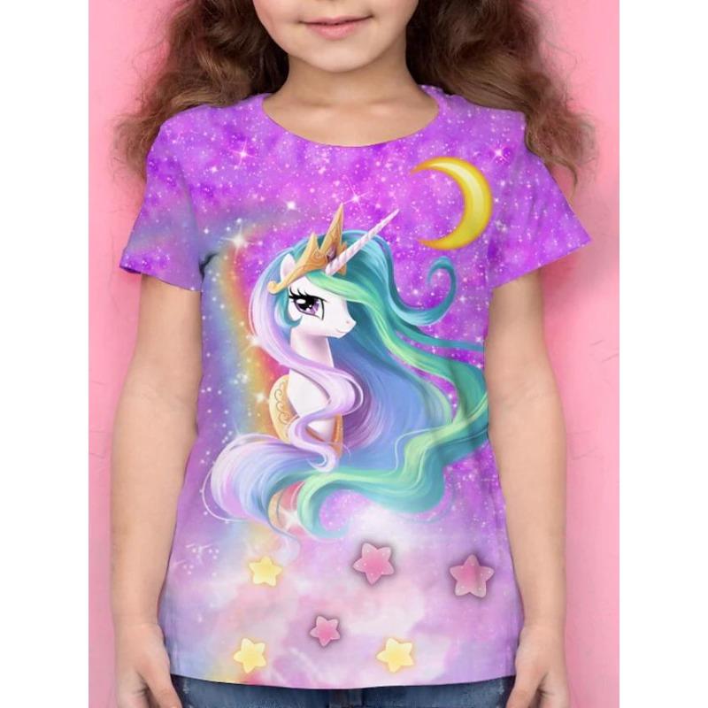 

Летний топ с круглым вырезом и 3D-принтом мультяшной лошади, модная повседневная футболка с коротким рукавом для детей, девочек 120