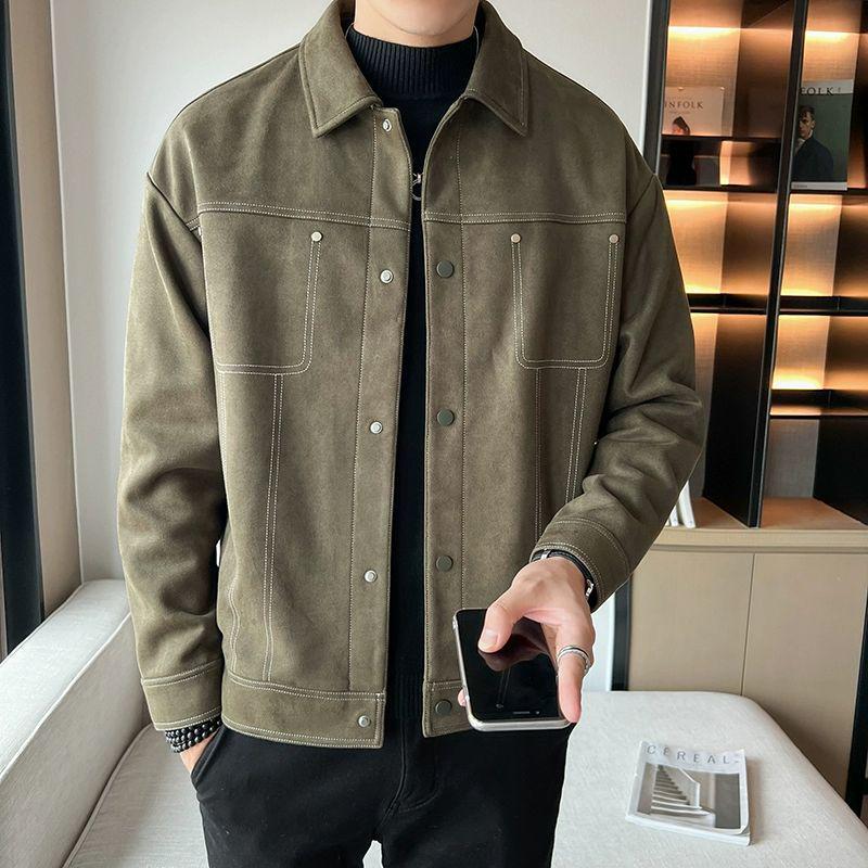 

Men s 2024 Trendy Suede Streetwear Jacket: High-End Spring & Autumn Casual Outerwear XXL коричневий