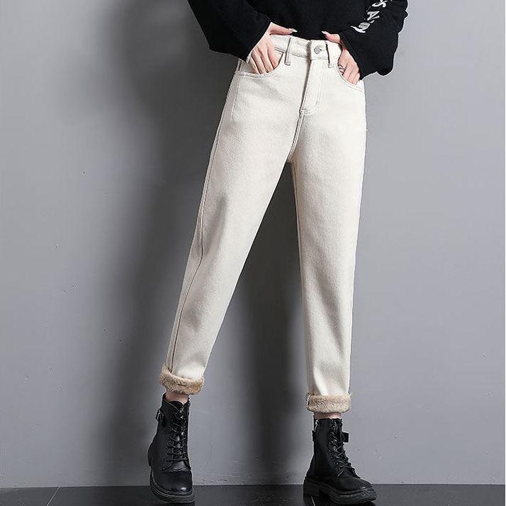 Women's Fleece-Lined Jeans High-Waist Slim Plus Velvet Harem Jeans Autumn and Winter Stretch Skinny Jeans