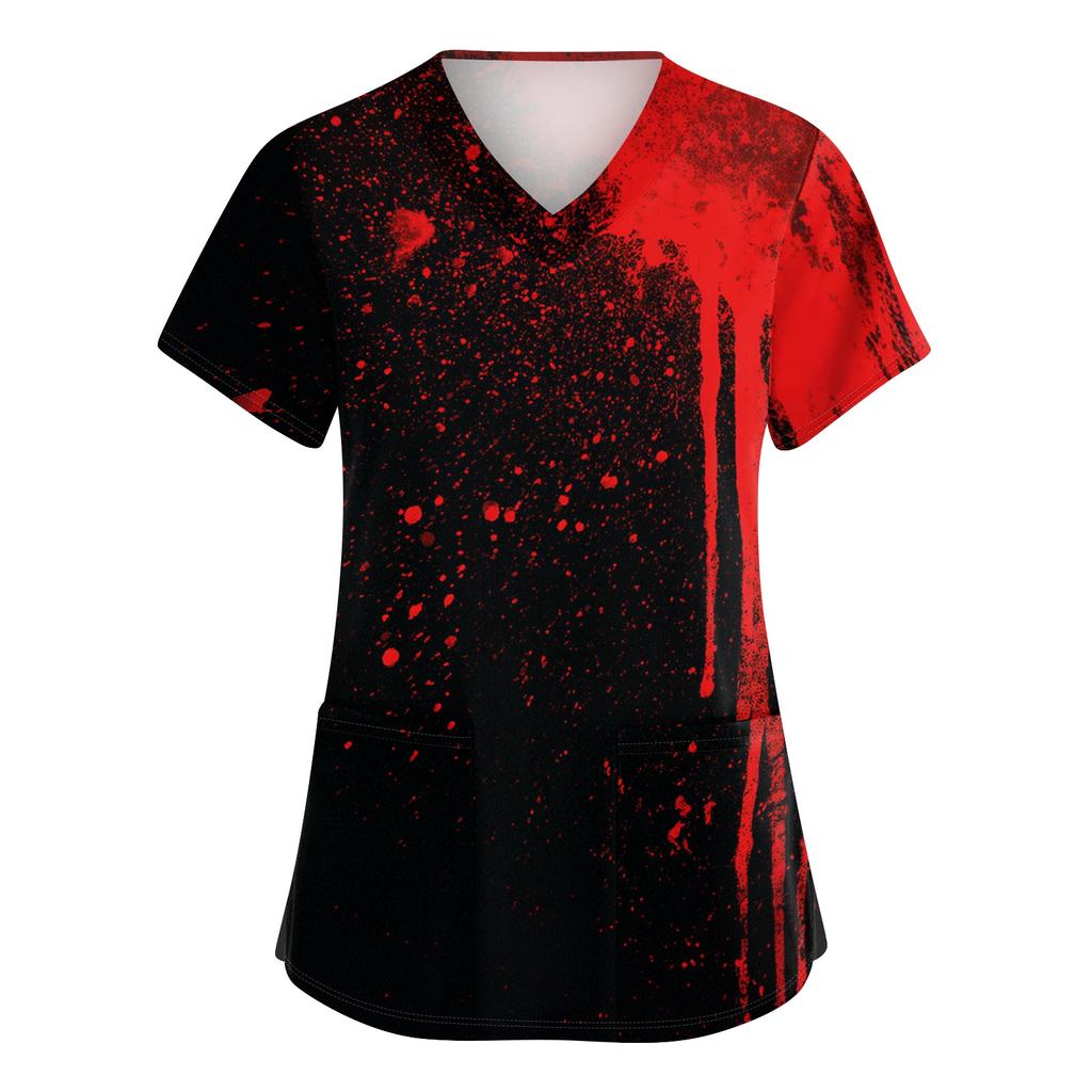 Women's V-Neck Short Sleeve Scrub Top with Pockets Halloween Print Uniform for Work