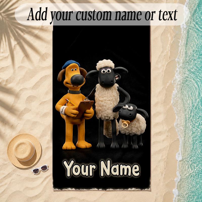 Beach TowelShaun the Sheep Custom Name Text Personalized Soft Towel for Beach Pool Indoor Home Decor Gift