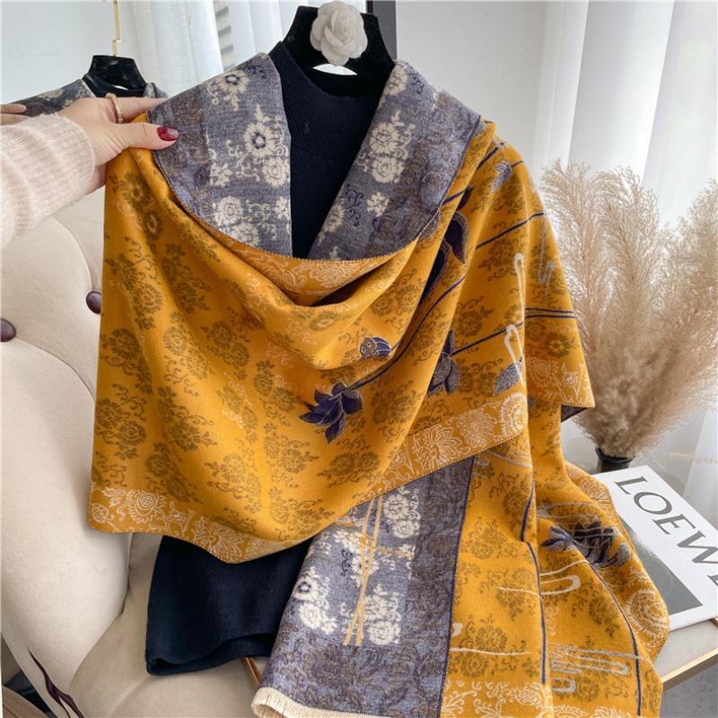 Scarf women's autumn and winter flower porcelain pattern warm thickened double-sided imitation cashmere air conditioner shawl mother scarf