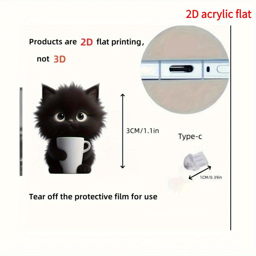 2D Plat, 1 buc Pisică Drăguță Ceașcă de Ceai Acrilic Dop de Praf pentru Telefon - Potrivit pentru Conectori Type-C și IPhone, Accesoriu Capac de Praf Protector