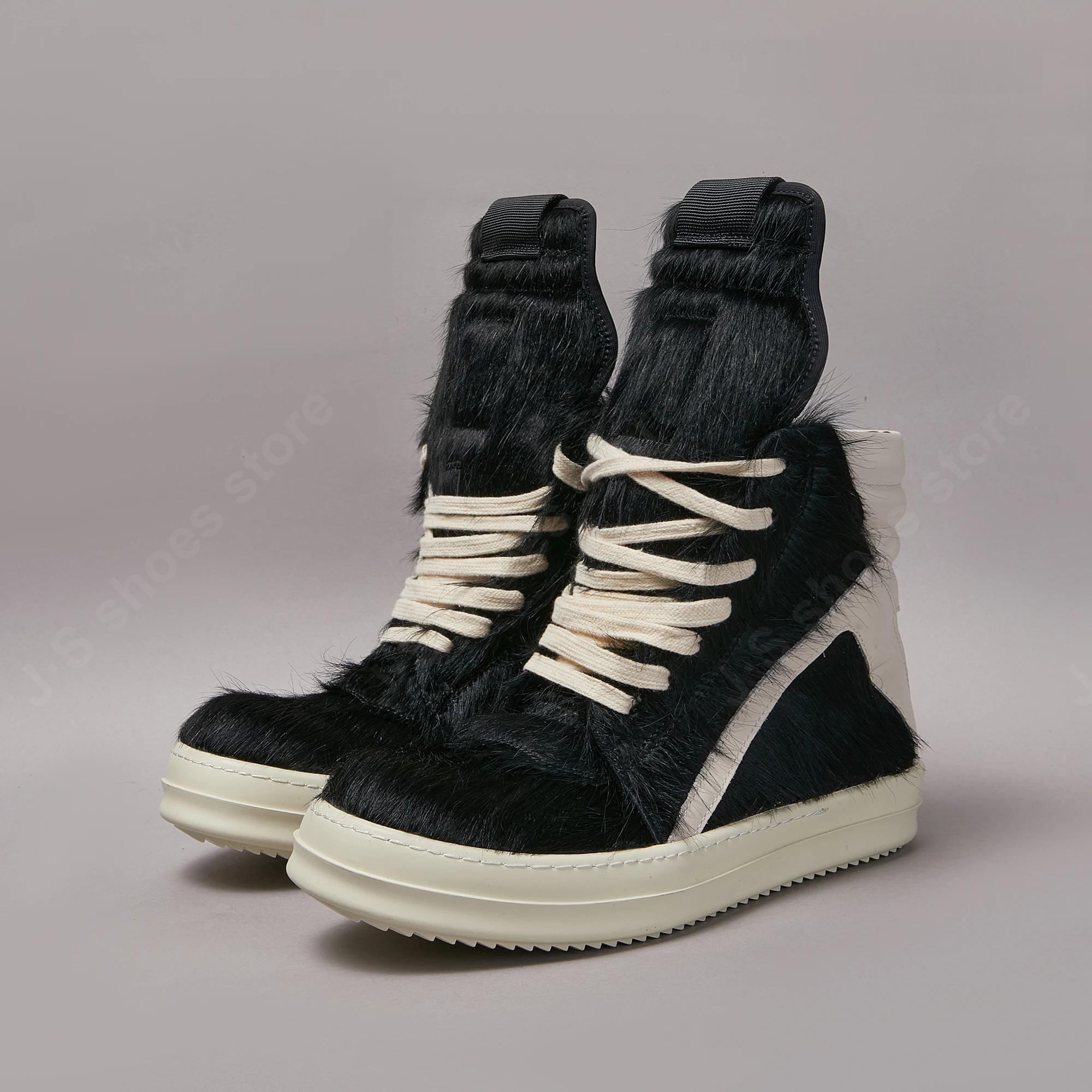 

R-o Мужские кроссовки Черная конская шерсть Высокие кеды Женские повседневные туфли Ботинки Кроссовки Молния Черные туфли из конской шерсти Ботильоны 48 чёрный