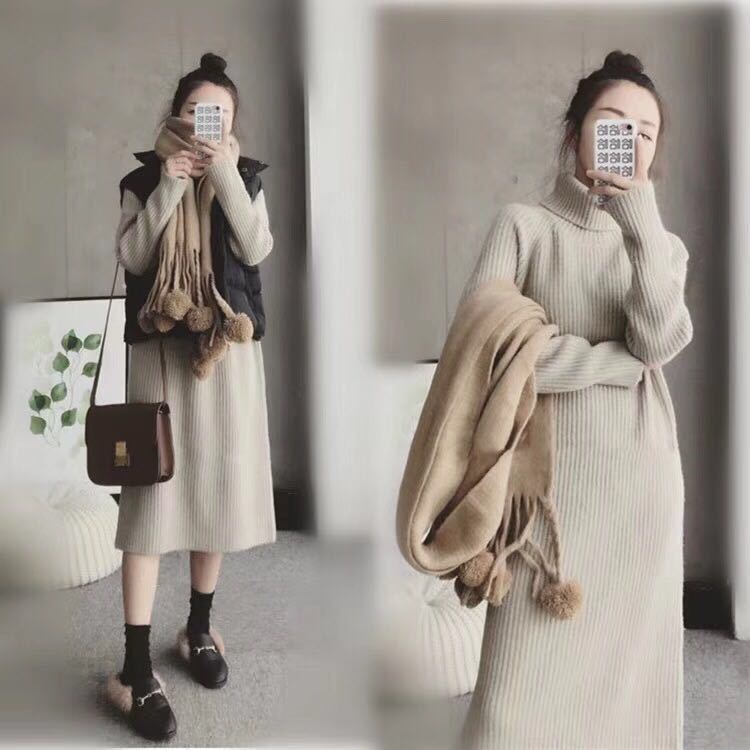Medium and Long Turtleneck Sweater Skirt Women's Thickened Autumn and Winter Loose Bottoming Knitted Dress with Pullover Inside