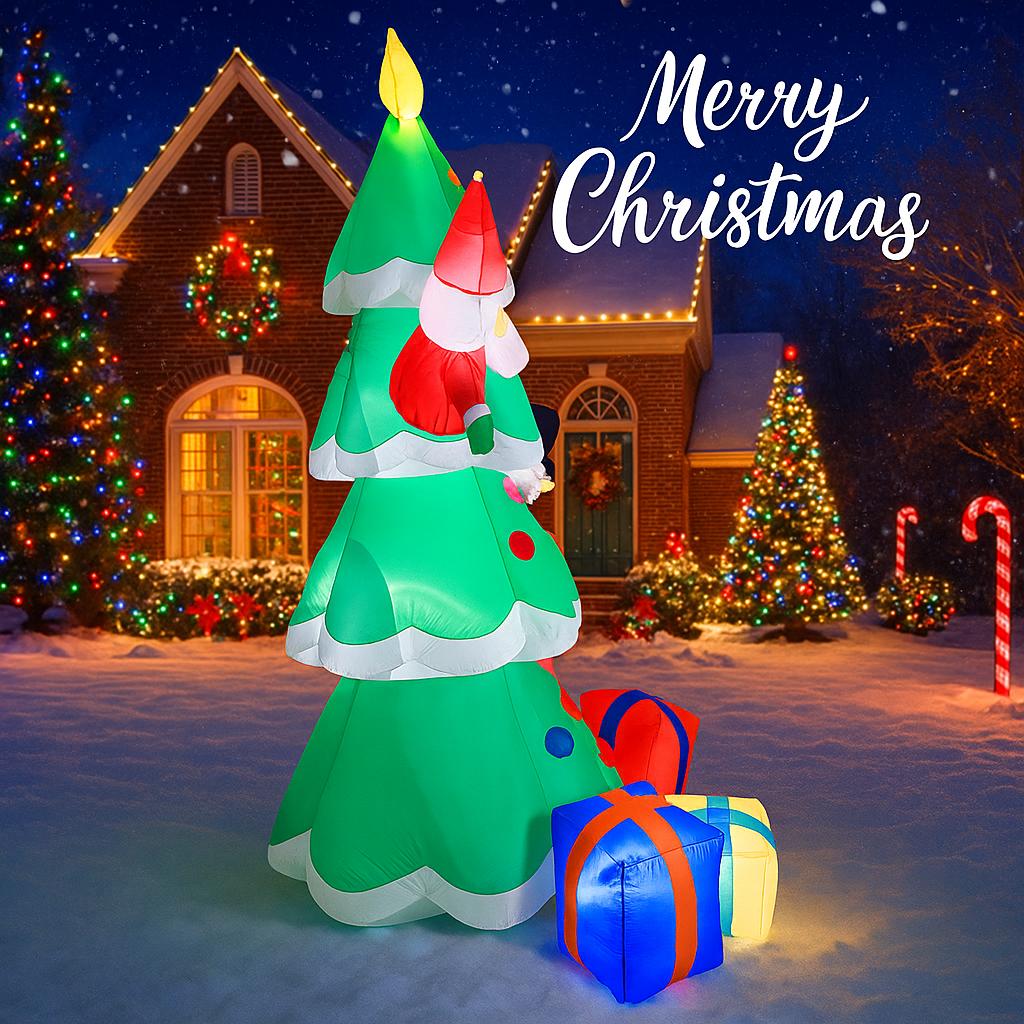 7.9FT Christmas Inflatable Toys With LED Lit Xmas Tree Set Santa Snowman Gift Box Ornament Supplies Festive Xmas Yard Decoration