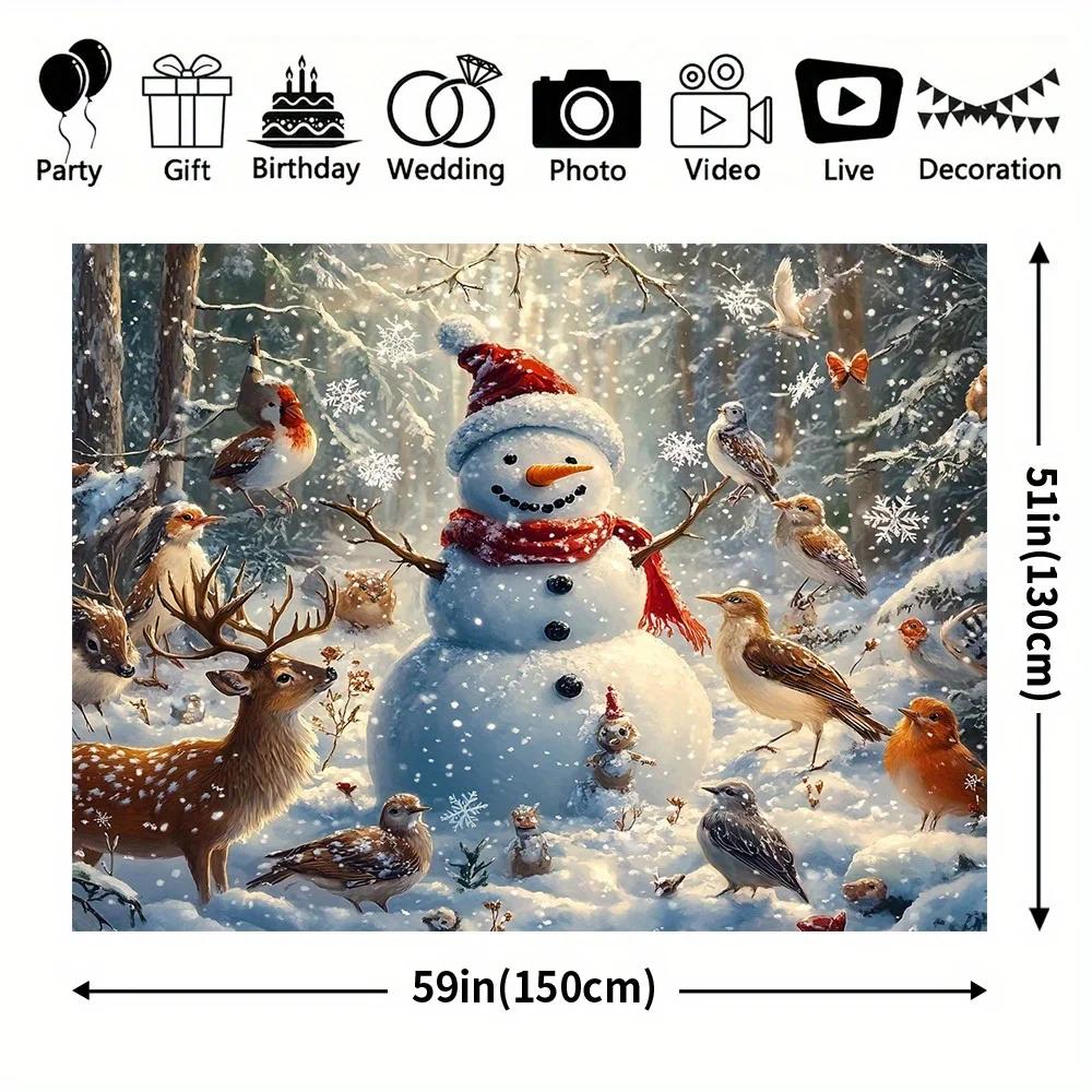 Frohe Weihnachten! Ein Winterkulissenhintergrund mit einem Schneemann und Wildtieren aus Polyesterstoff in Standardgröße.l