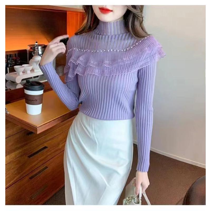 New Style Half Turtleneck Lace Ruffle Patchwork Sweater Feminine Style Studded Top