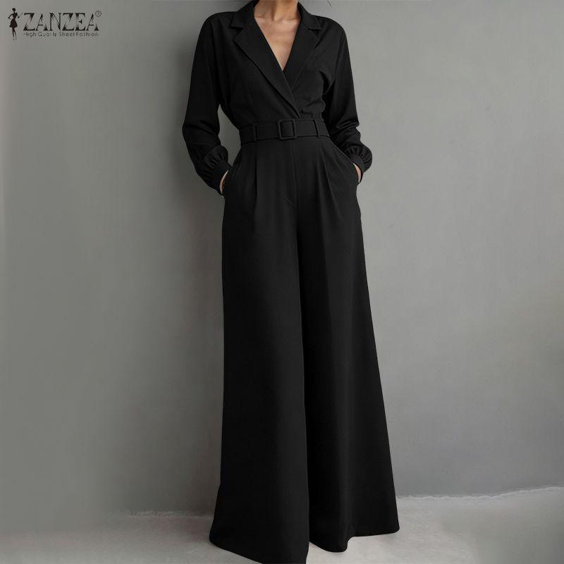 ZANZEA Tute Casual da Donna con Collo a Revers, Maniche Lunghe, Vestibilità Larga, Gamba Larga