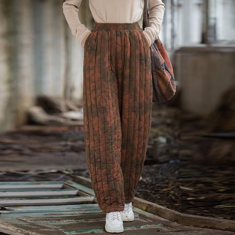 Johnature Women Vintage Print Floral Straight Pants Elastic Waist Trousers Winter Warm Plus Cotton Long Pants