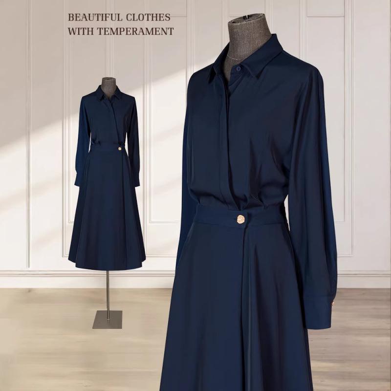 

Pre-sale 2607 Elegant Plus Size High Waist Long Shirt Dress for Women - Spring/Autumn Slimming Style 4XL темно-синього кольору