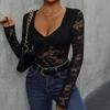 Body da Donna con Scollo Quadrato e Patchwork di Pizzo - Sexy Monopezzo a Manica Lunga
