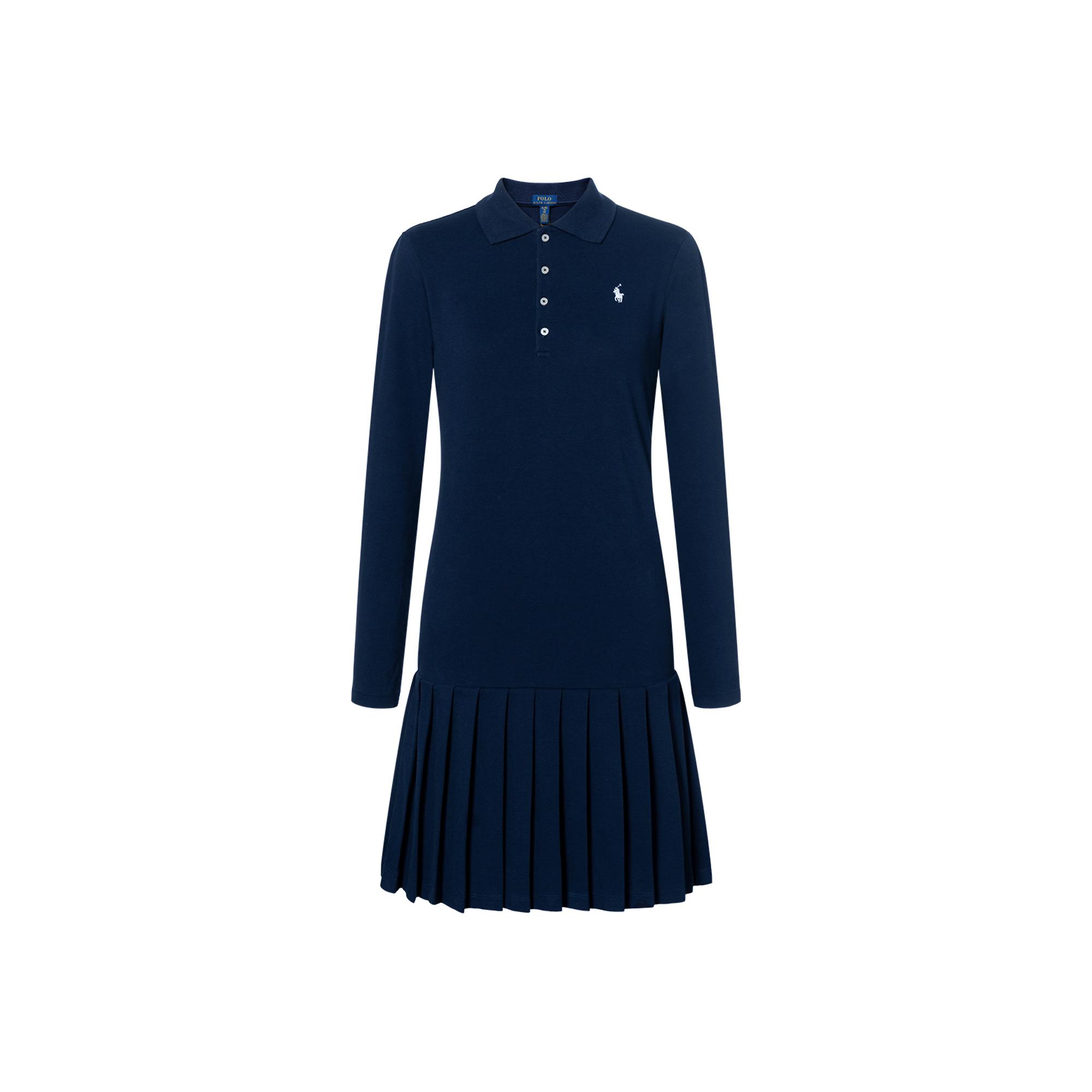 

Платье женское Polo Ralph Lauren однотонное плиссированное сетчатое с воротником поло с заниженной талией и длинными рукавами темно-синее 313950842-003 XL
