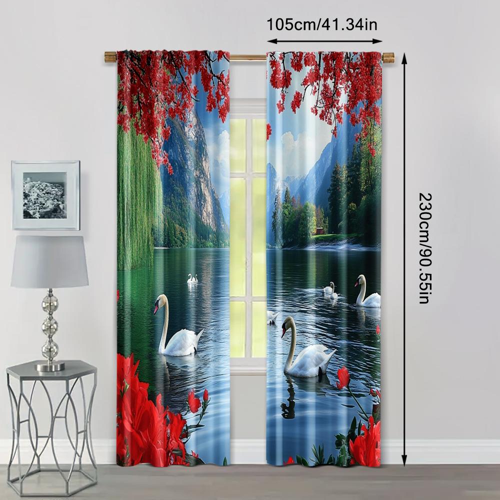 2pc,  Curtains The picturesque forest_ Swan Lake_ seagulls_ fish_ and red blooming flower party Versatile 100% Polyester,Without