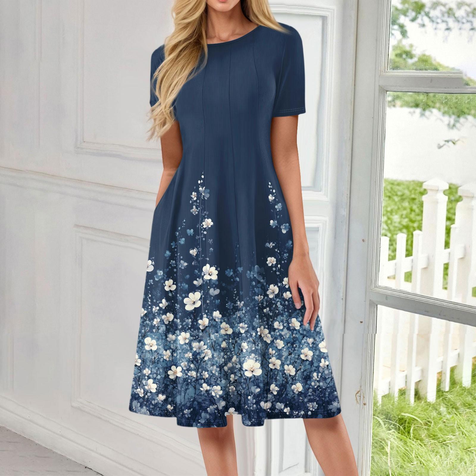 

Женский повседневный сарафан, летнее пляжное платье в стиле бохо, цветочные блузки для женщин, свободные платья с круглым вырезом XXL тёмно-синий