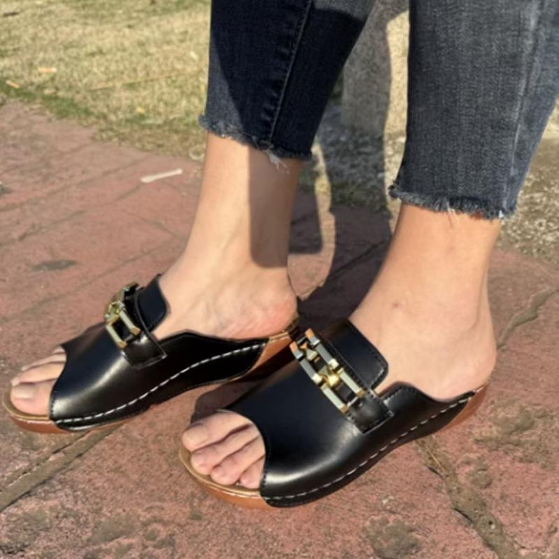 

Women’s Metallic Buckle Wedge Open-Toe Slide Sandals 43 чорний