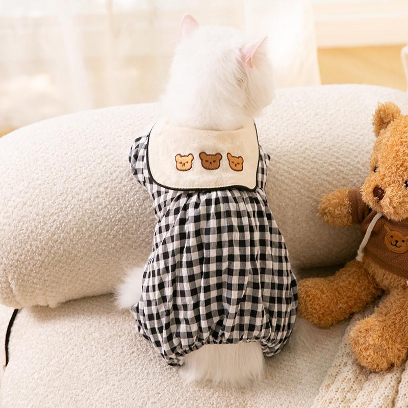 Cute Cat Winter Thickened Quad Bear Lapel Plaid Cotton Coat Small Dog Dog Pet Clothes