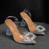 Fashion High Heels Sandals Women Summer New PVC Large Size Female Shoes Rhinestone Square Buckle Pointed Ladies Heels Transparent Sandal