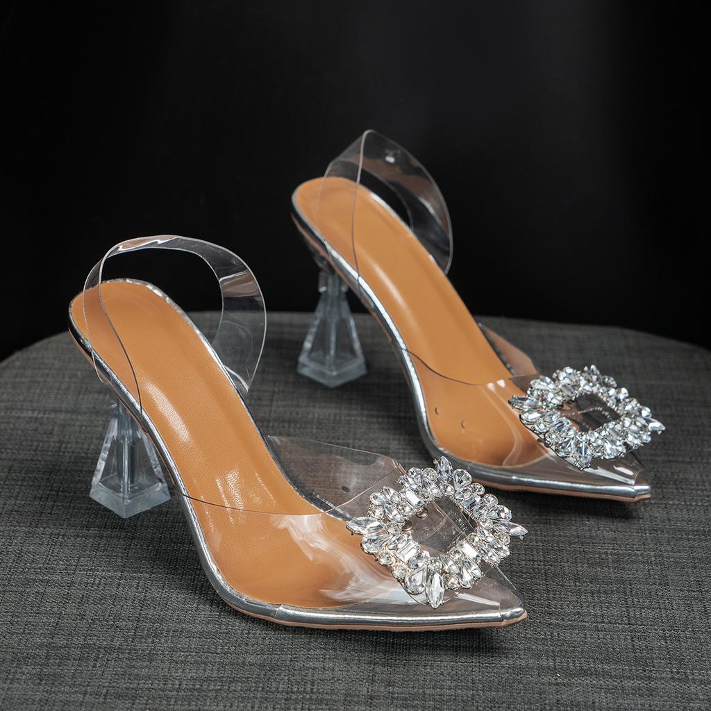 Fashion High Heels Sandals Women Summer New PVC Large Size Female Shoes Rhinestone Square Buckle Pointed Ladies Heels Transparent Sandal