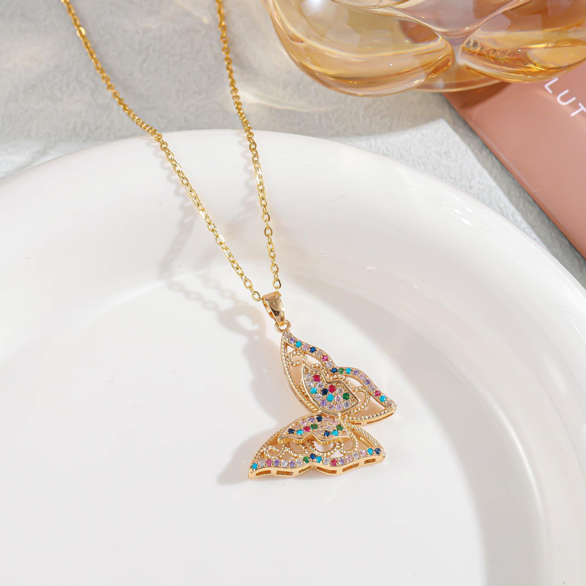 Colorful Zircon Butterfly Necklace for Women, Gold-Plated Copper