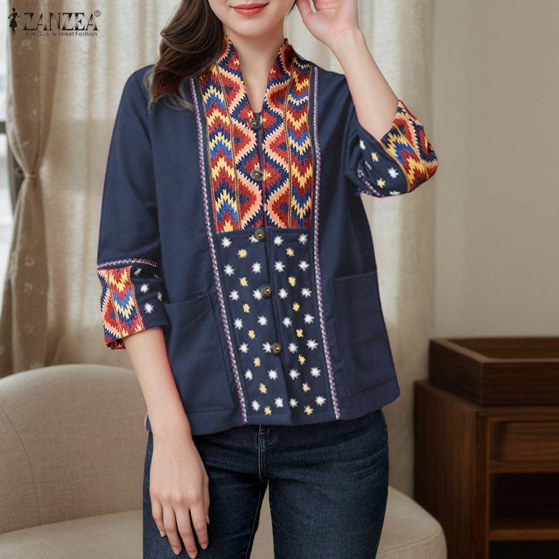 ZANZEA Women Ethnic Print Casual V-Neck 3/4 Sleeve Loose Blouse